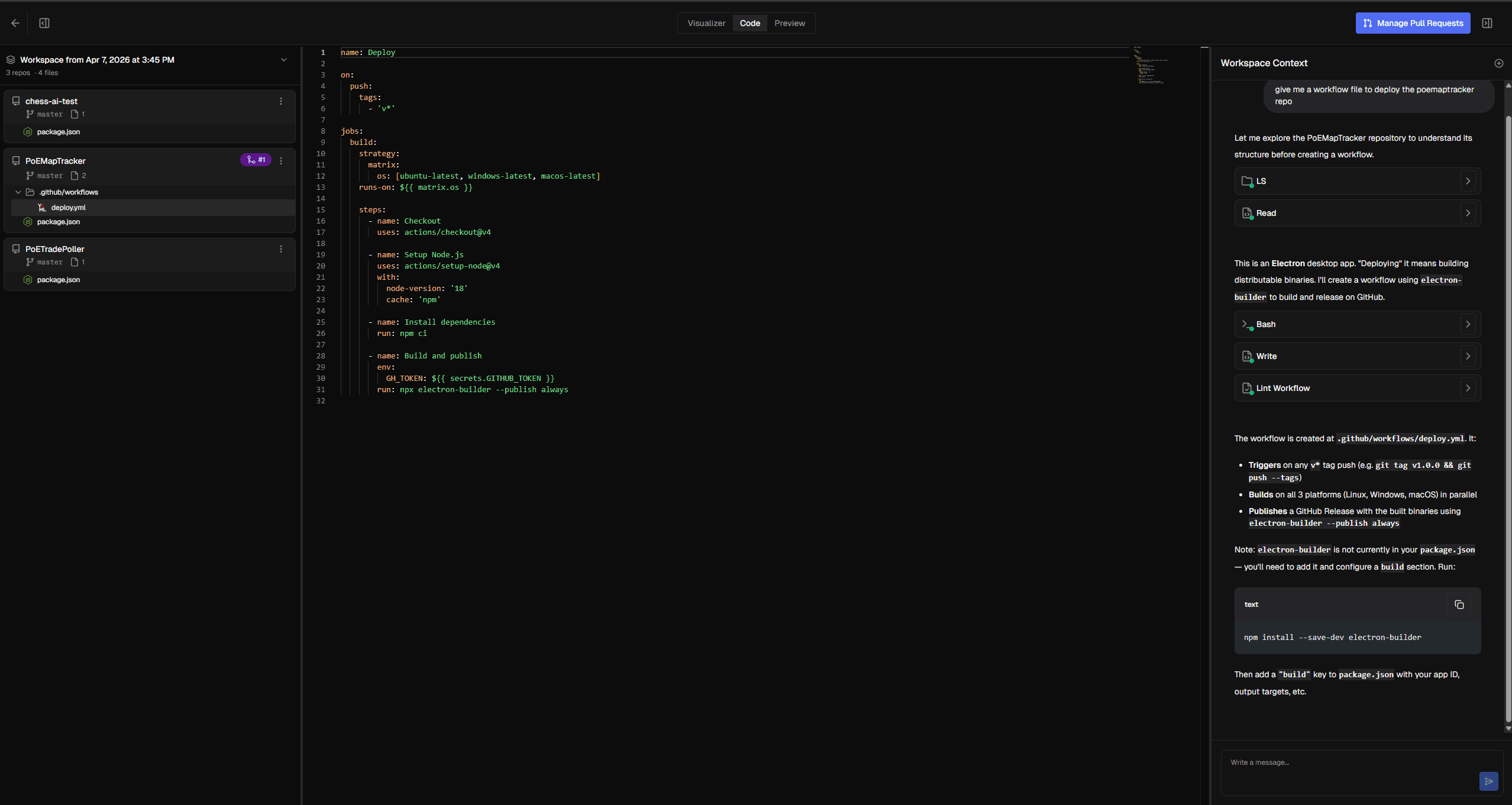 CodeCargo workflow editor with AI assistant panel